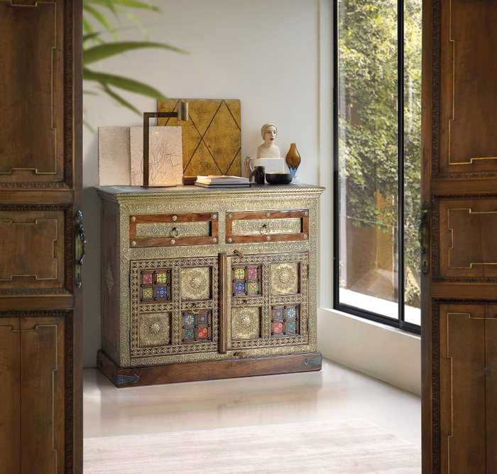 Giner y Colomer Commode en Bois d'Acacia Massif Style Éthnique avec Applications Céramique et Bronze, Coloris Cerisier, 90x105x40 cm